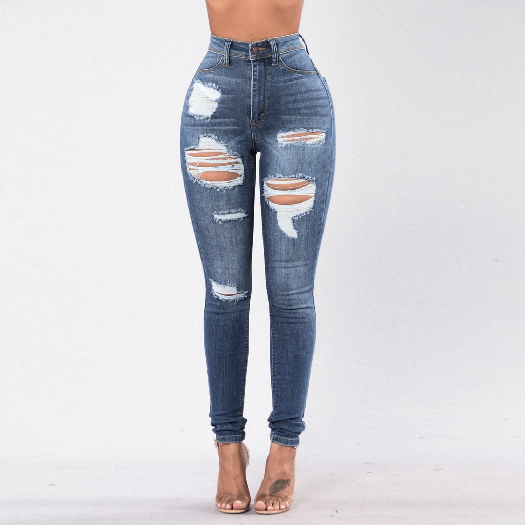 2019 Fashion Women Stretch Mid Waist Jeans New Pure Color Skinny Slim Was Thin Ripped Jeans Distressed Hole Pants Jeans3